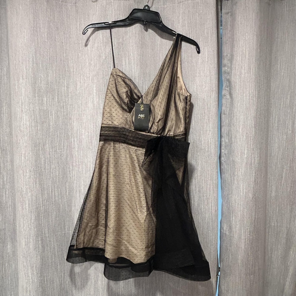ABS Dress Womens 6 Beige Black Polka Dot‎ One Shoulder Bow Tulle Mini Cocktail